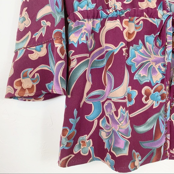 KEY LIME PIE Wine Floral Beads Linen Boho Kimono S - Picture 2 of 8